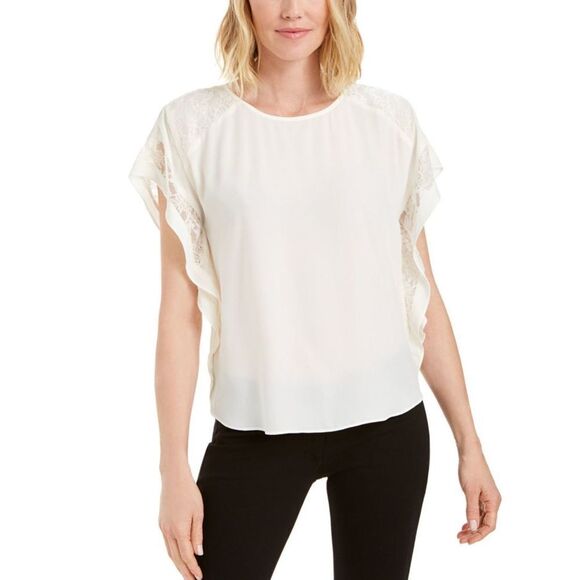 JM Collection Lace-Trim Flutter-Sleeve Top Eggshell L - Picture 1 of 1